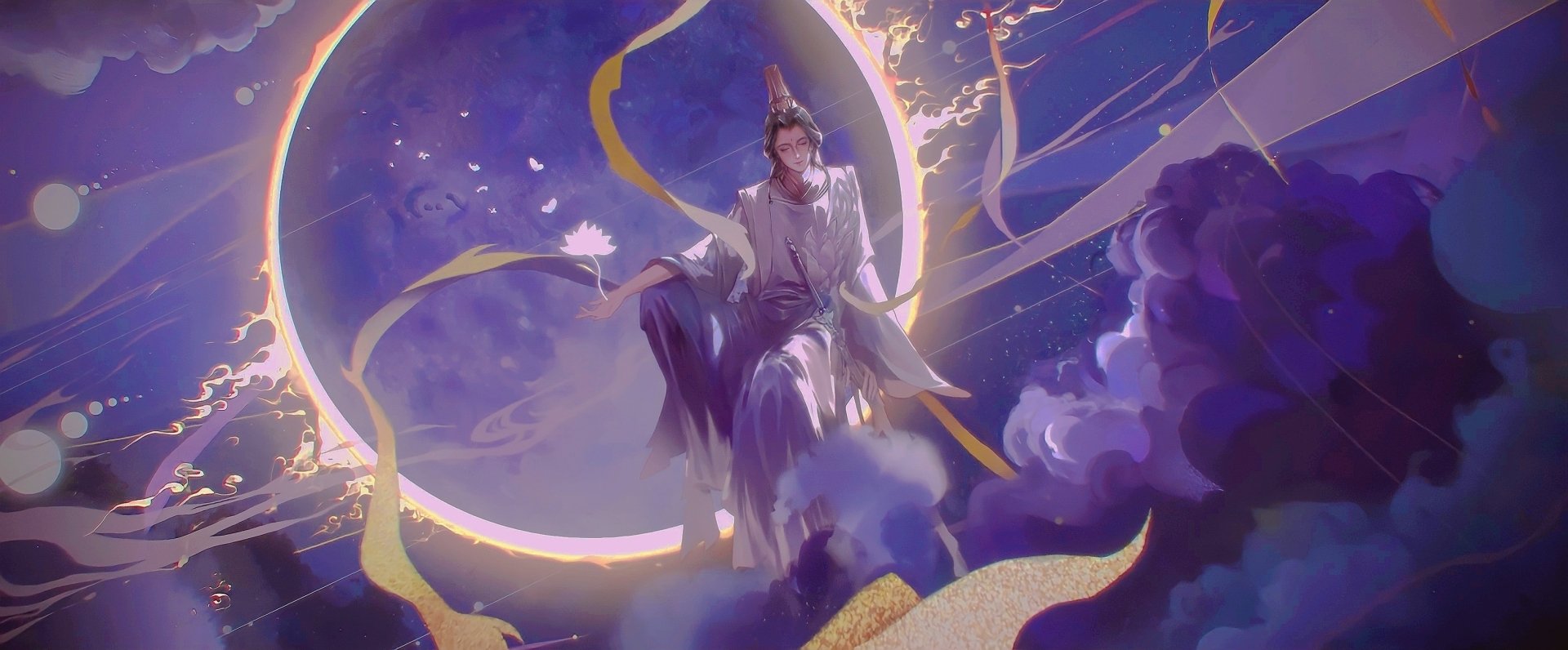 HD PC wallpaper featuring Xie Lian from Heaven Official's Blessing (Tian Guan Ci Fu) surrounded by glowing ribbons and celestial clouds against a night sky.