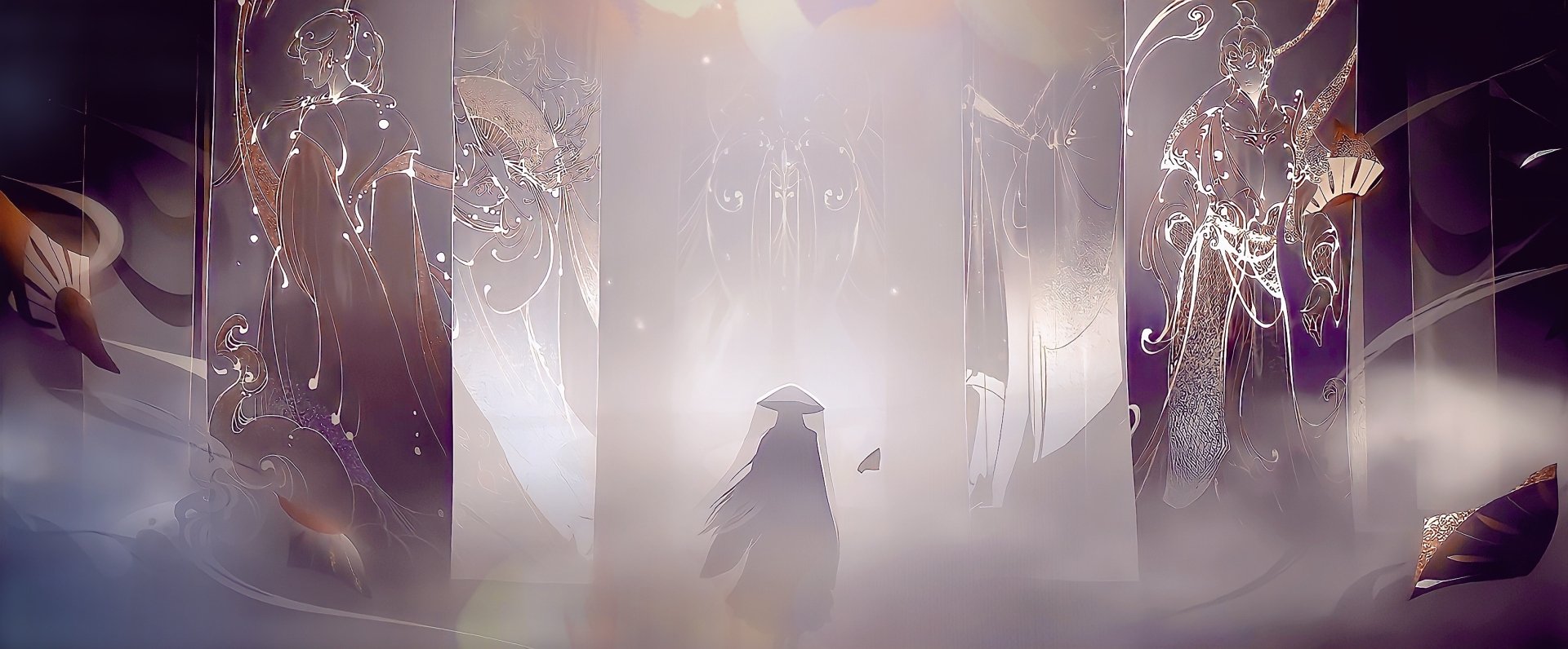 HD desktop wallpaper featuring Xie Lian from Heaven Official’s Blessing (Tian Guan Ci Fu) standing amidst ethereal, glowing figures in a misty, celestial setting.