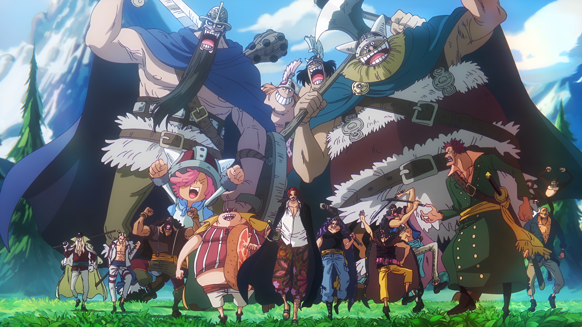 4K Ultra HD One Piece anime wallpaper featuring the Straw Hat crew and giants in a vibrant outdoor setting, showcasing dynamic poses and detailed character designs.