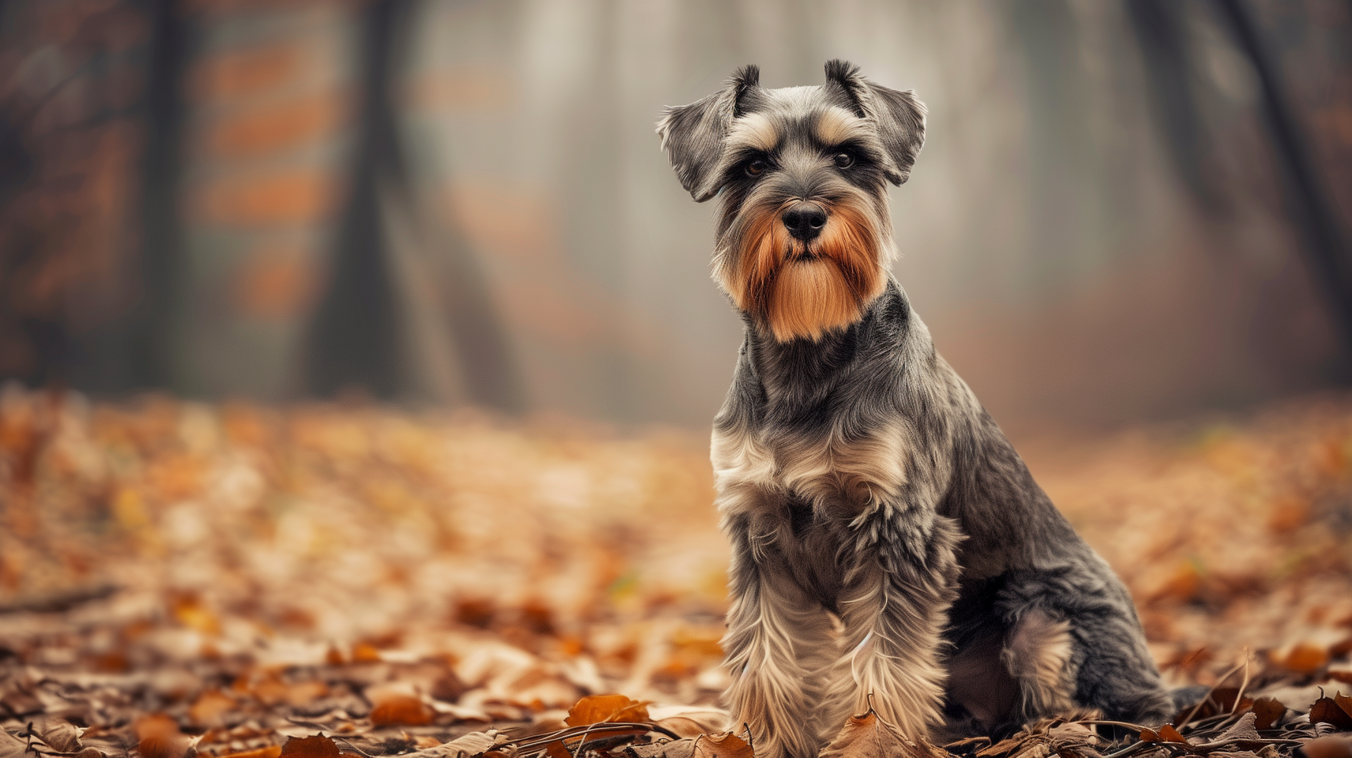 A cute Schnauzer dog sits amidst autumn leaves in a forest, captured in high definition, making for a charming desktop wallpaper background.