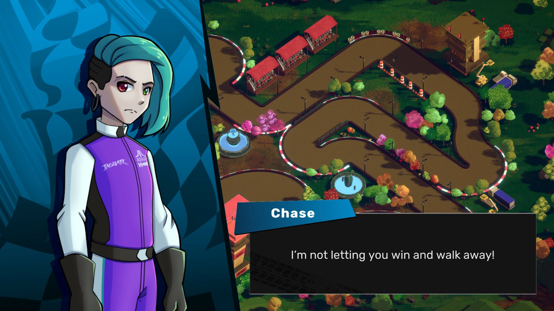 HD desktop wallpaper and background from the video game NeoSprint, featuring a determined character named Chase with the text I'm not letting you win and walk away! displayed beside a colorful race track.
