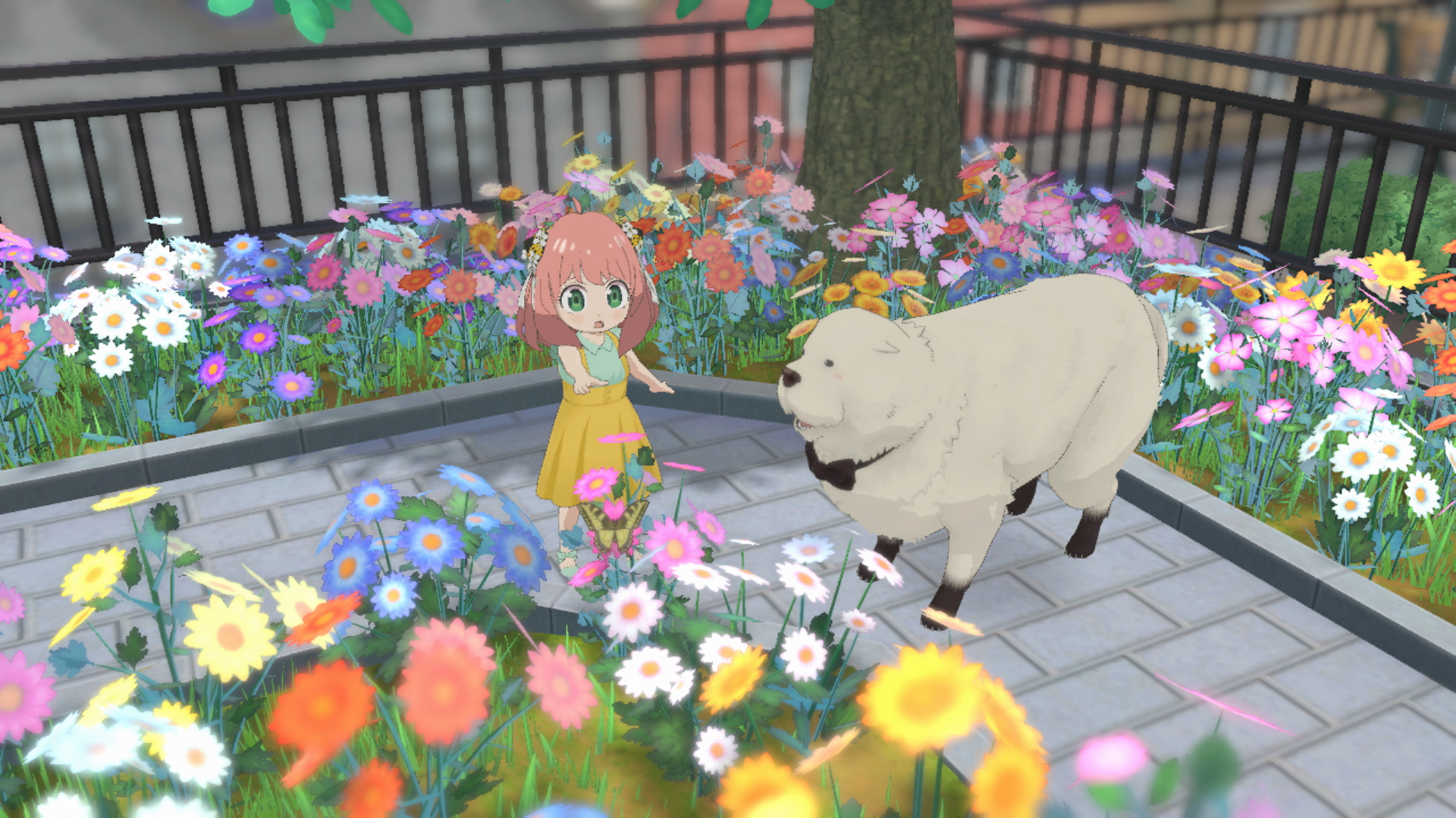 A HD desktop wallpaper featuring a scene from SPY×ANYA: Operation Memories, depicts a girl with pink hair standing in a flower garden next to a large white dog.