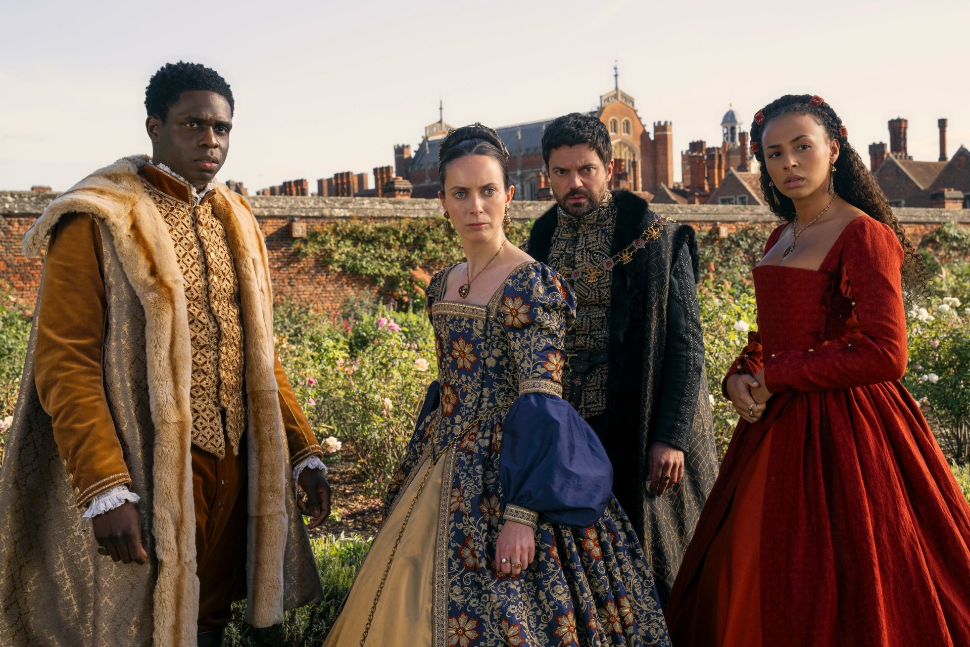 HD desktop wallpaper featuring characters from the movie My Lady Jane in historical costumes against a backdrop of a castle.