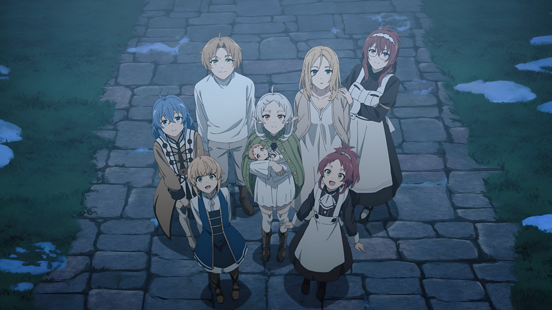 4K Ultra HD PC desktop wallpaper featuring characters from the anime Mushoku Tensei: Jobless Reincarnation standing together on a stone pavement at night.