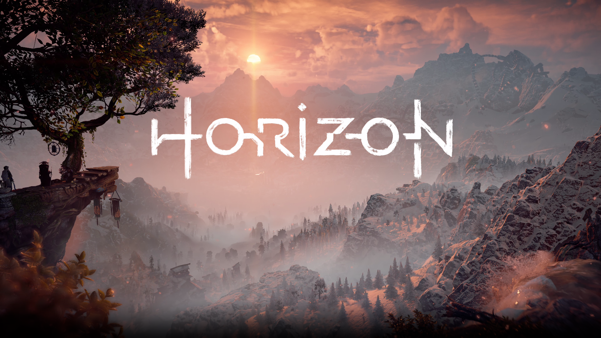 HD PC desktop wallpaper featuring a misty mountainous landscape from the Horizon Zero Dawn video game, with the title prominently displayed in the center.