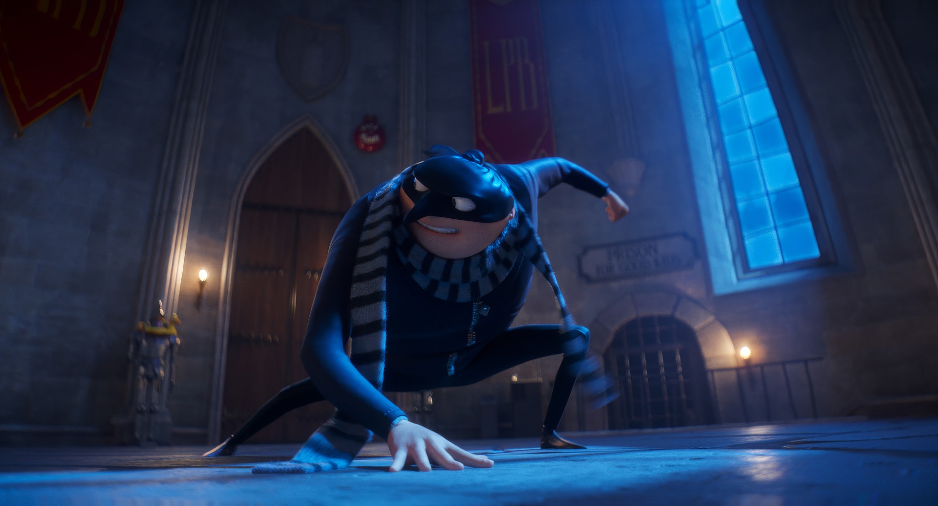 HD desktop wallpaper featuring Gru from Despicable Me 4, crouching in a dimly-lit, castle-like room with stone walls and stained glass windows.