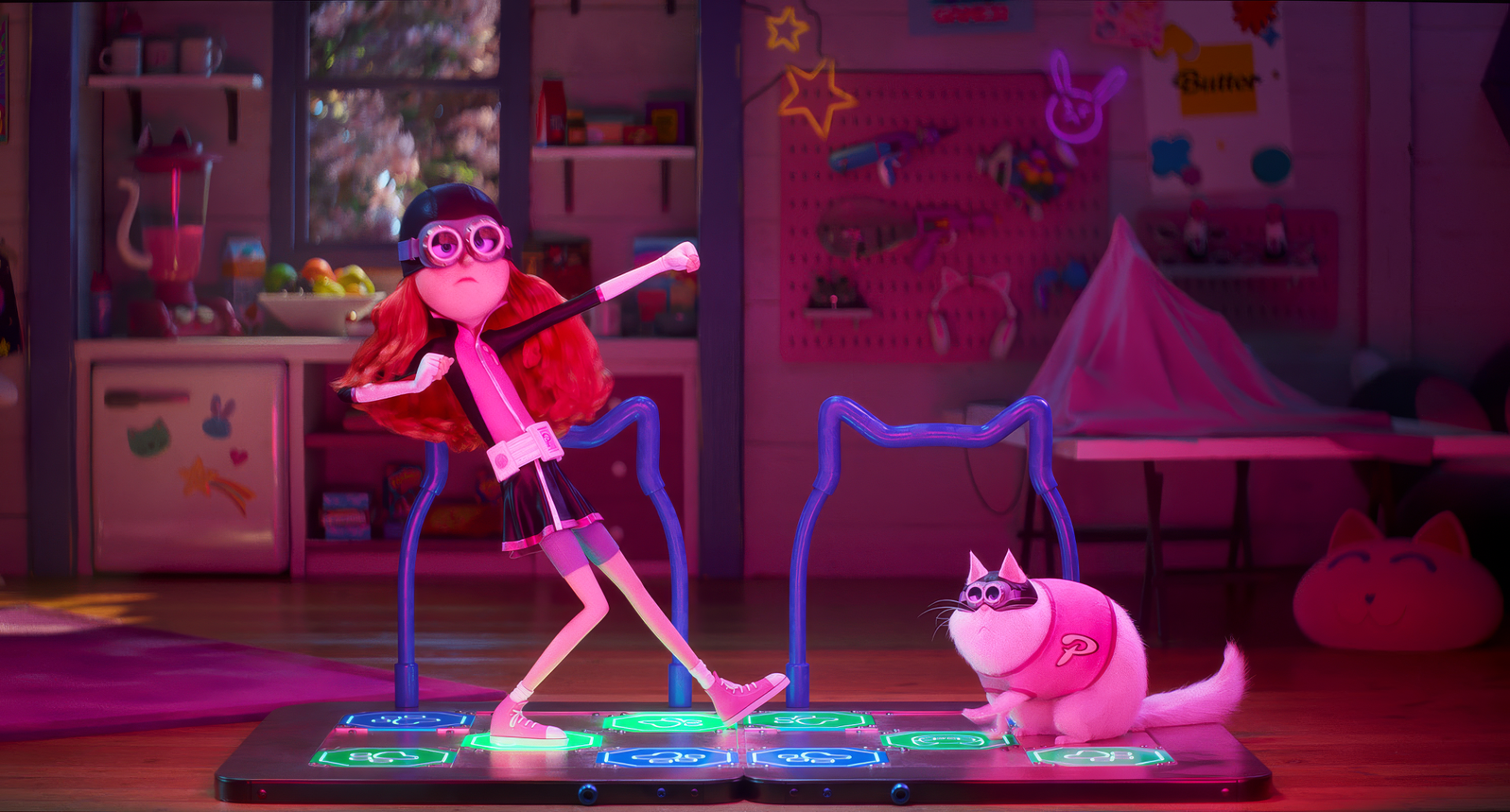 An animated scene from Despicable Me 4 featuring a girl with red hair and a cat wearing goggles in a colorful room, both enjoying a dance game. The image is a HD desktop wallpaper.