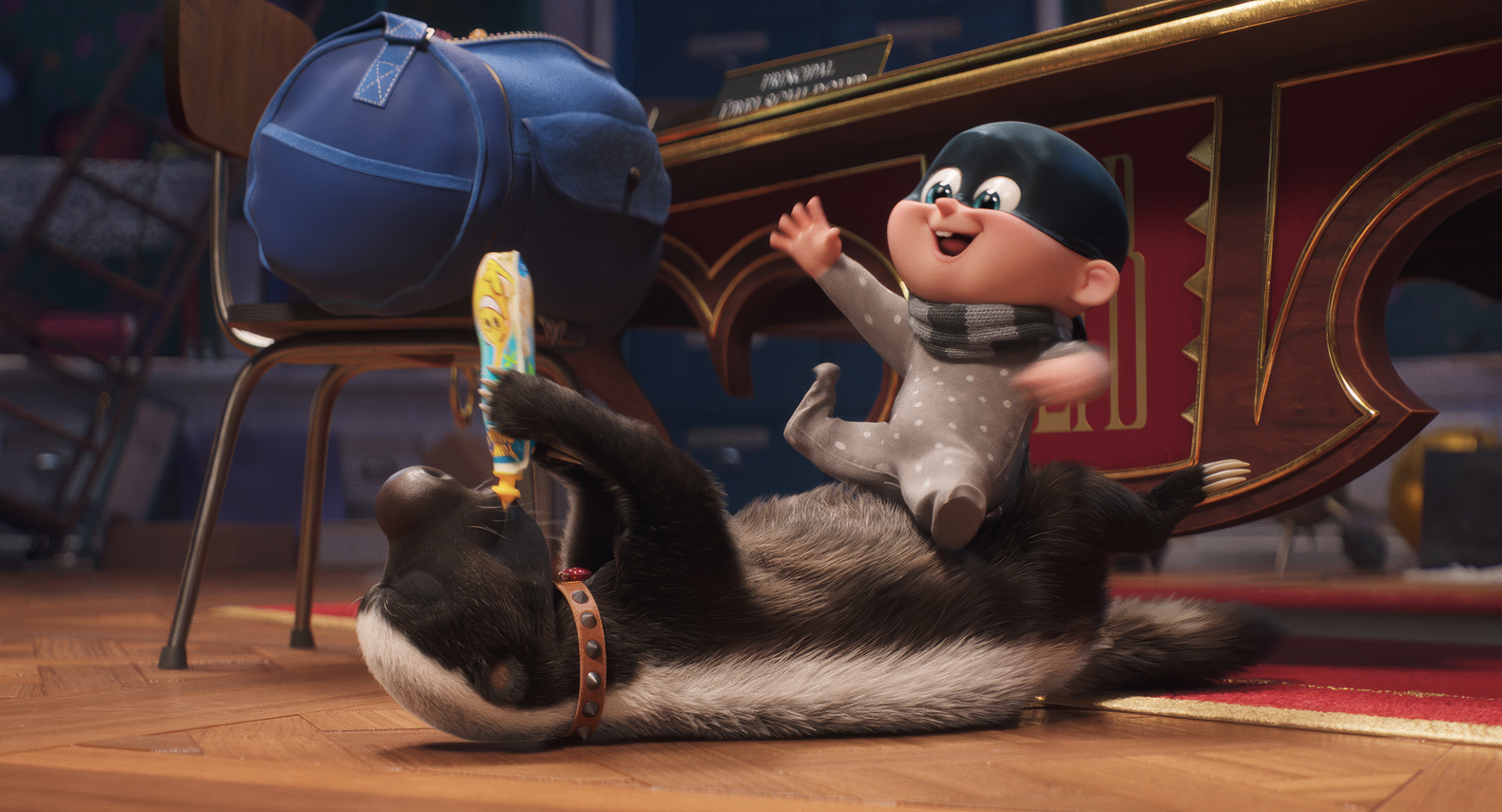 A HD wallpaper from the movie Despicable Me 4 featuring a baby in a grey onesie riding a playful skunk, with a blue backpack in the background.