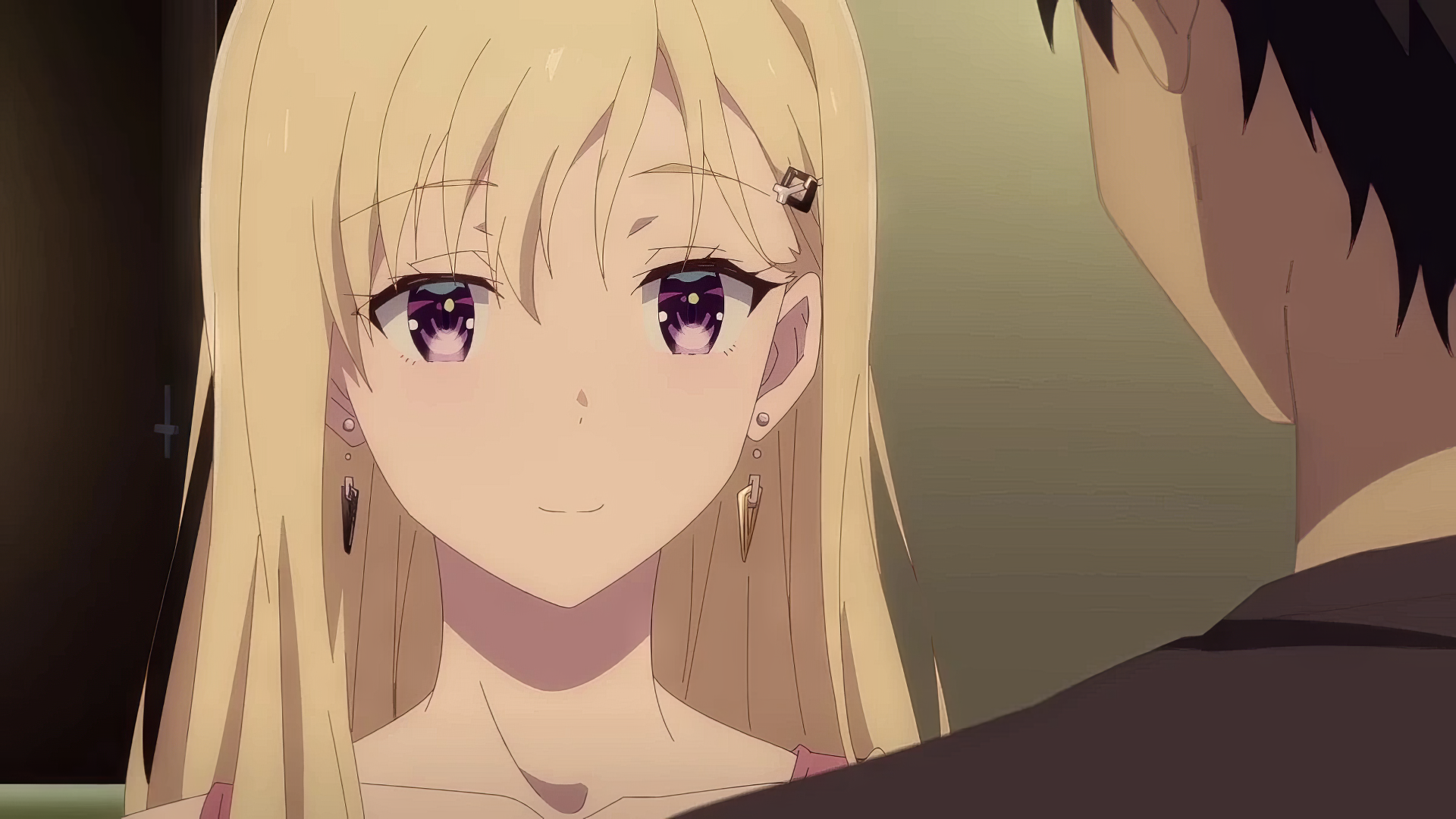 HD desktop wallpaper featuring a scene from the anime Days with My Stepsister, showcasing a close-up of a smiling blonde girl with purple eyes.