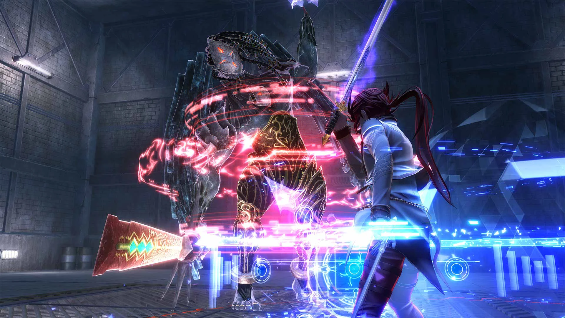 HD desktop wallpaper featuring an intense battle scene from the video game The Legend of Heroes: Trails through Daybreak, showcasing a skilled fighter clashing with a giant monster emitting red and blue energy.