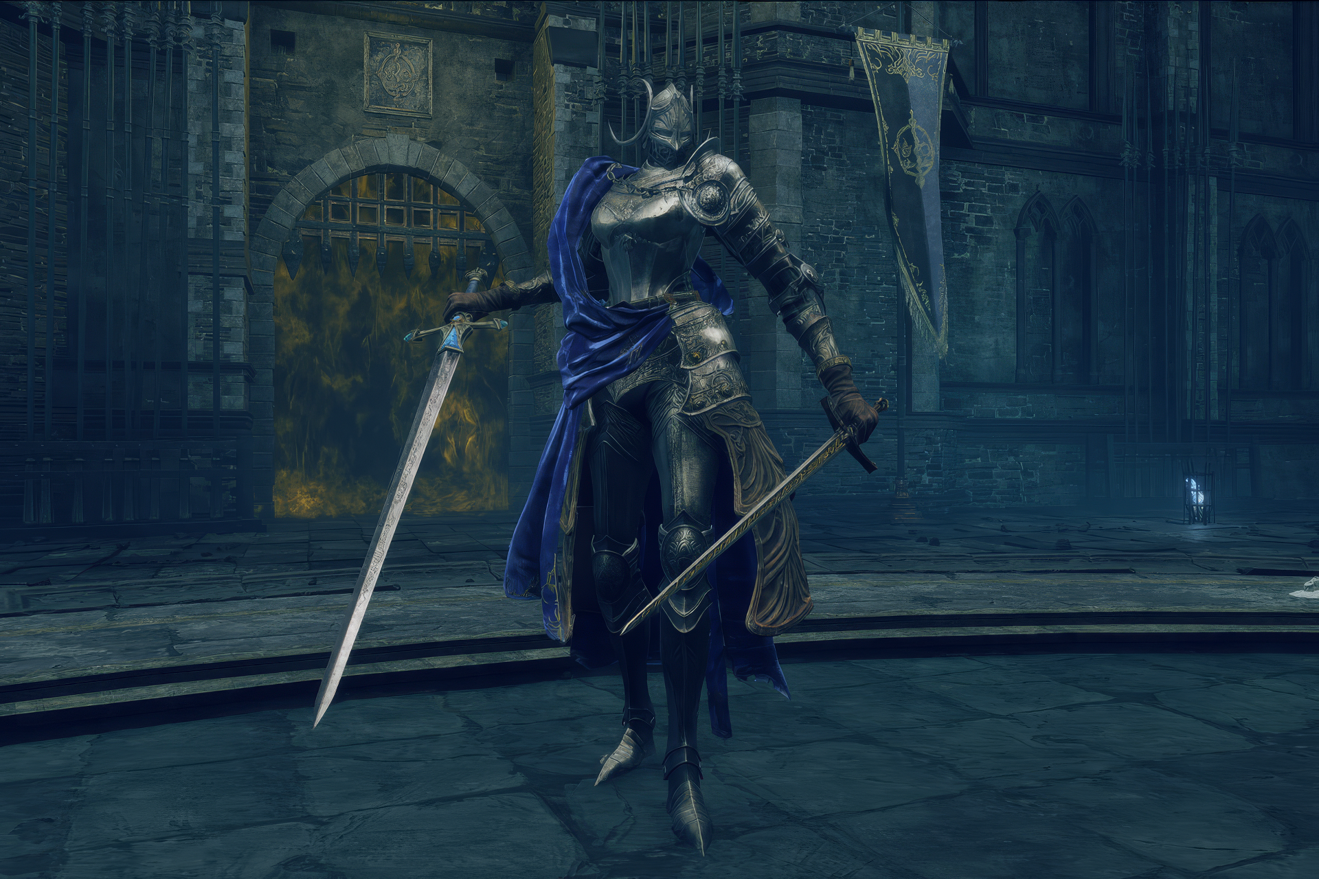 Knight Rellana Twin Moon from Elden Ring Shadow of the Erdtree stands poised with dual swords in a gothic setting. HD wallpaper for fans of the video game Elden Ring.