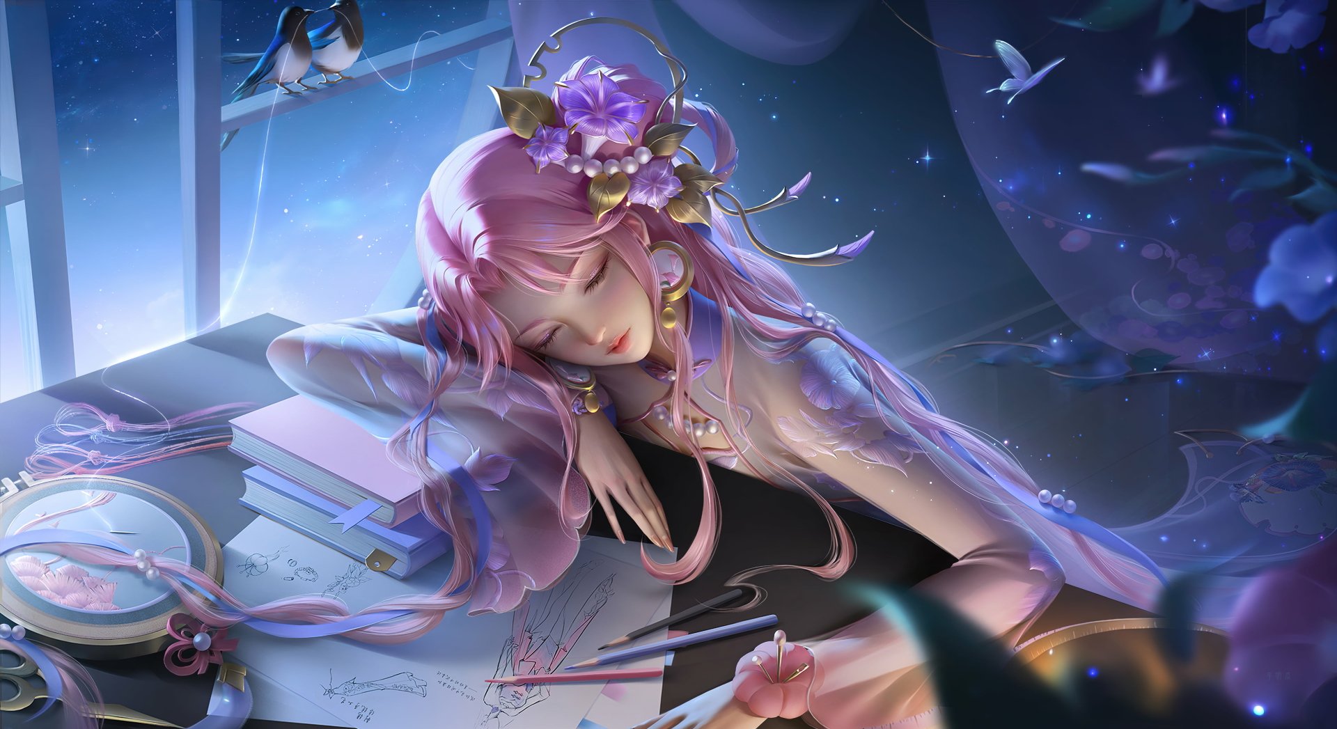 HD desktop wallpaper featuring a character with pink hair from the video game Honor of Kings, resting on a desk surrounded by books and papers, in a dreamy, ethereal setting with birds and soft lighting.