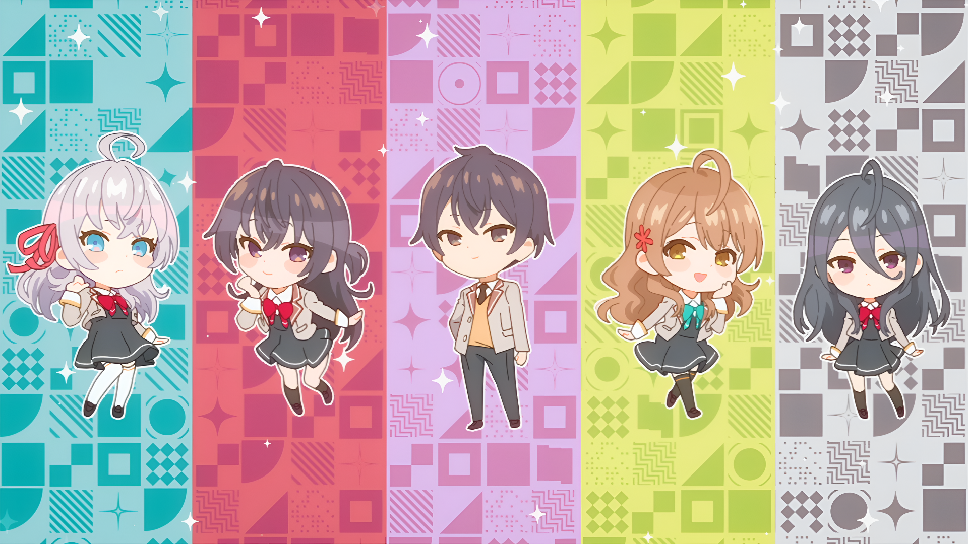 4K Ultra HD anime wallpaper of five chibi characters from Alya Sometimes Hides Her Feelings, each standing against colorful patterned backgrounds in Russian style.