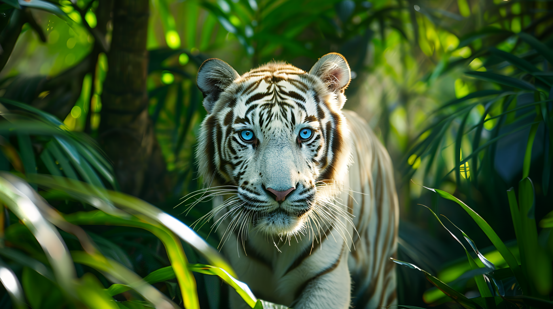A striking white tiger with piercing blue eyes moves through a lush green jungle, captured in vivid detail as a 4K Ultra HD PC desktop wallpaper.