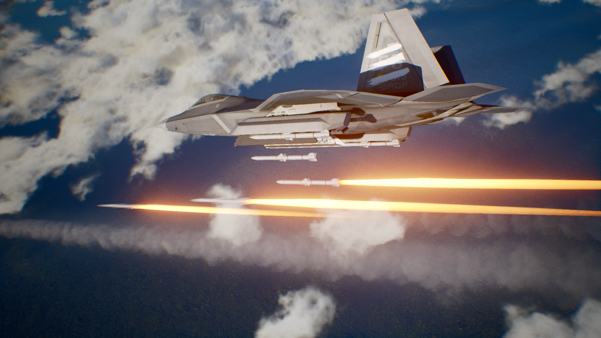High-definition desktop wallpaper from Ace Combat 7: Skies Unknown featuring a fighter jet firing missiles against a cloud-filled sky background.