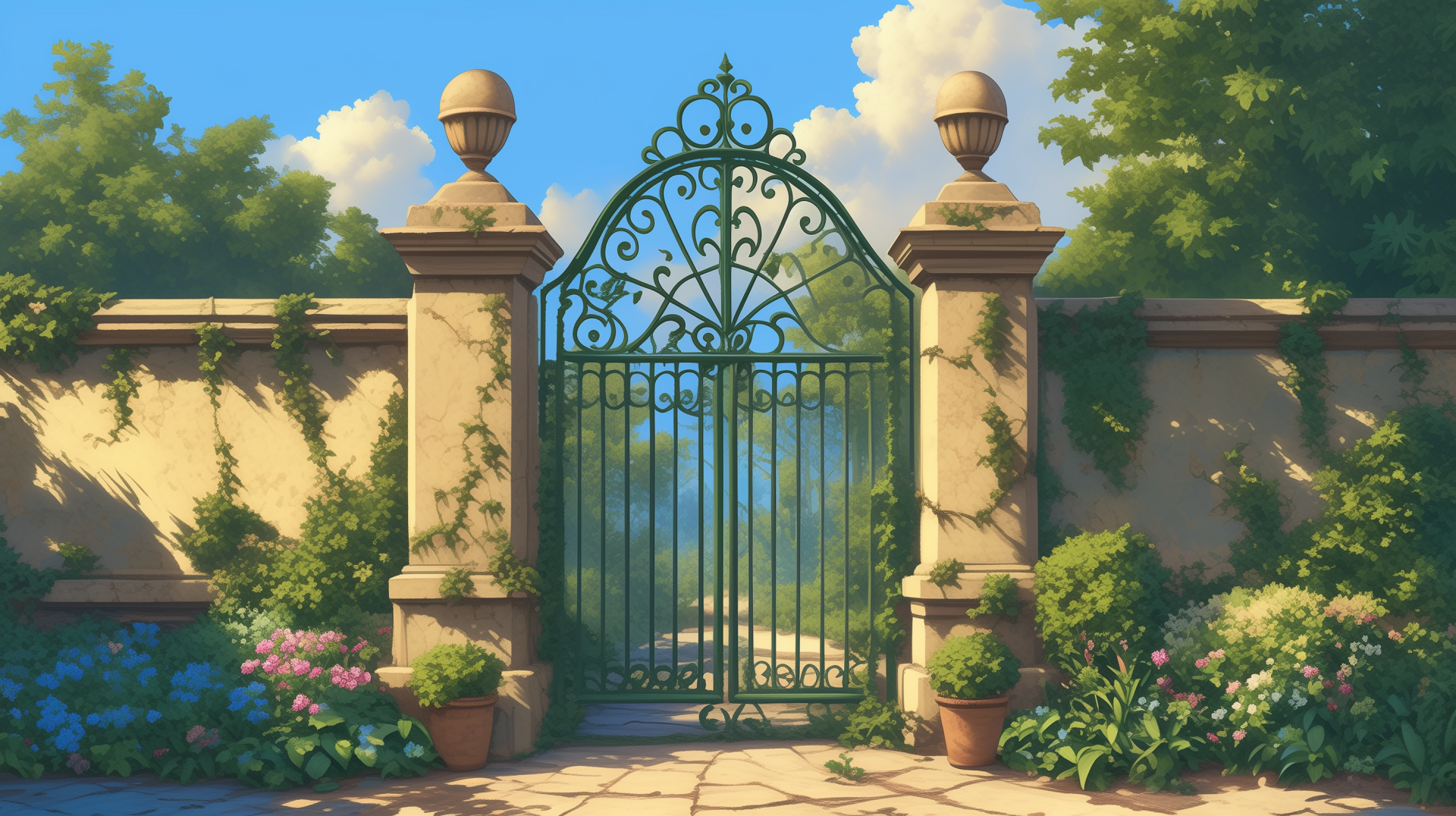 HD desktop wallpaper featuring a charming green wrought iron gate as the entryway, surrounded by lush greenery and colorful flowers, set against a blue sky with fluffy clouds.