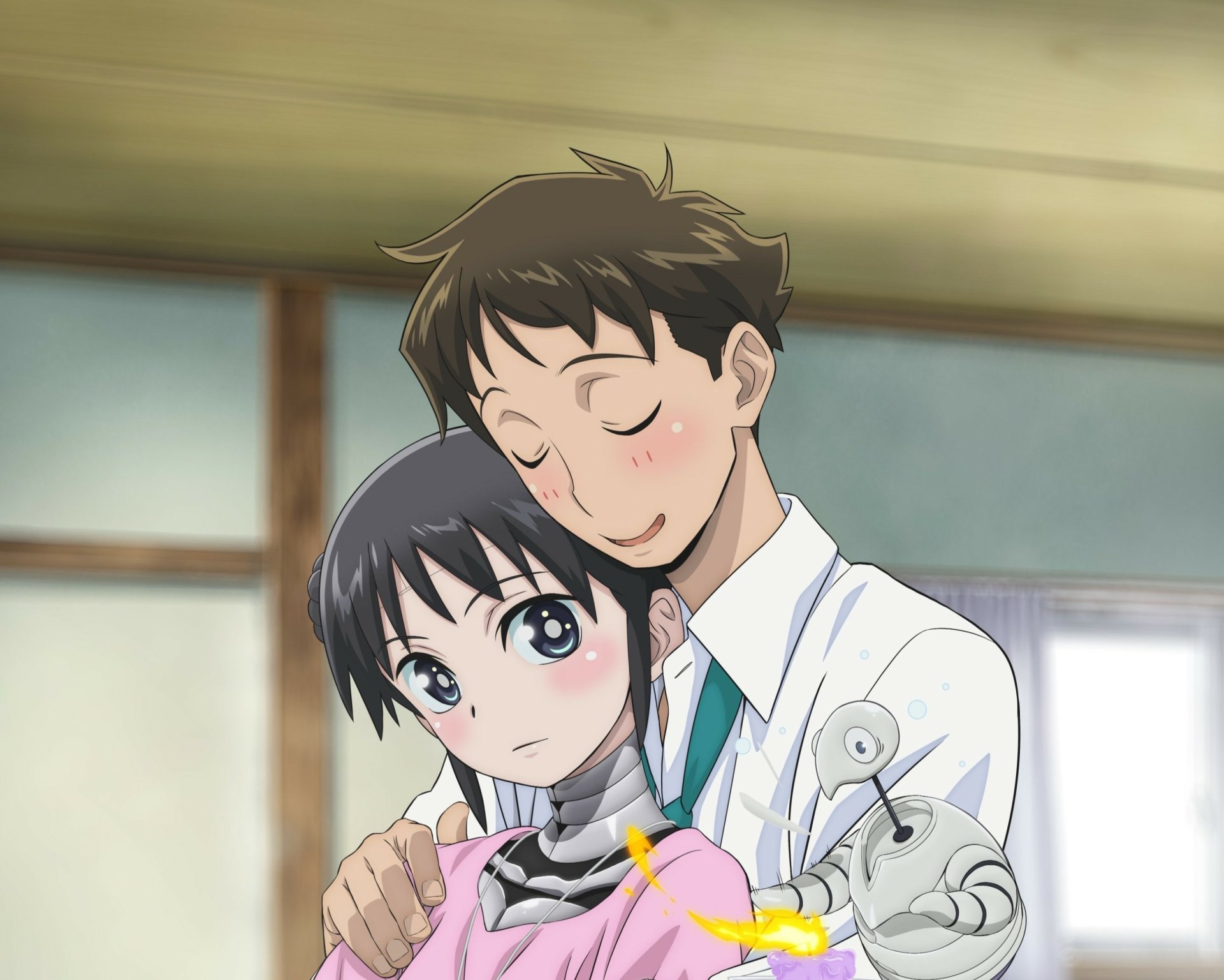 HD anime wallpaper featuring Takuma Kosugi embracing Mina and Mamoru from My Wife Has No Emotion, showcasing a tender moment between the characters.