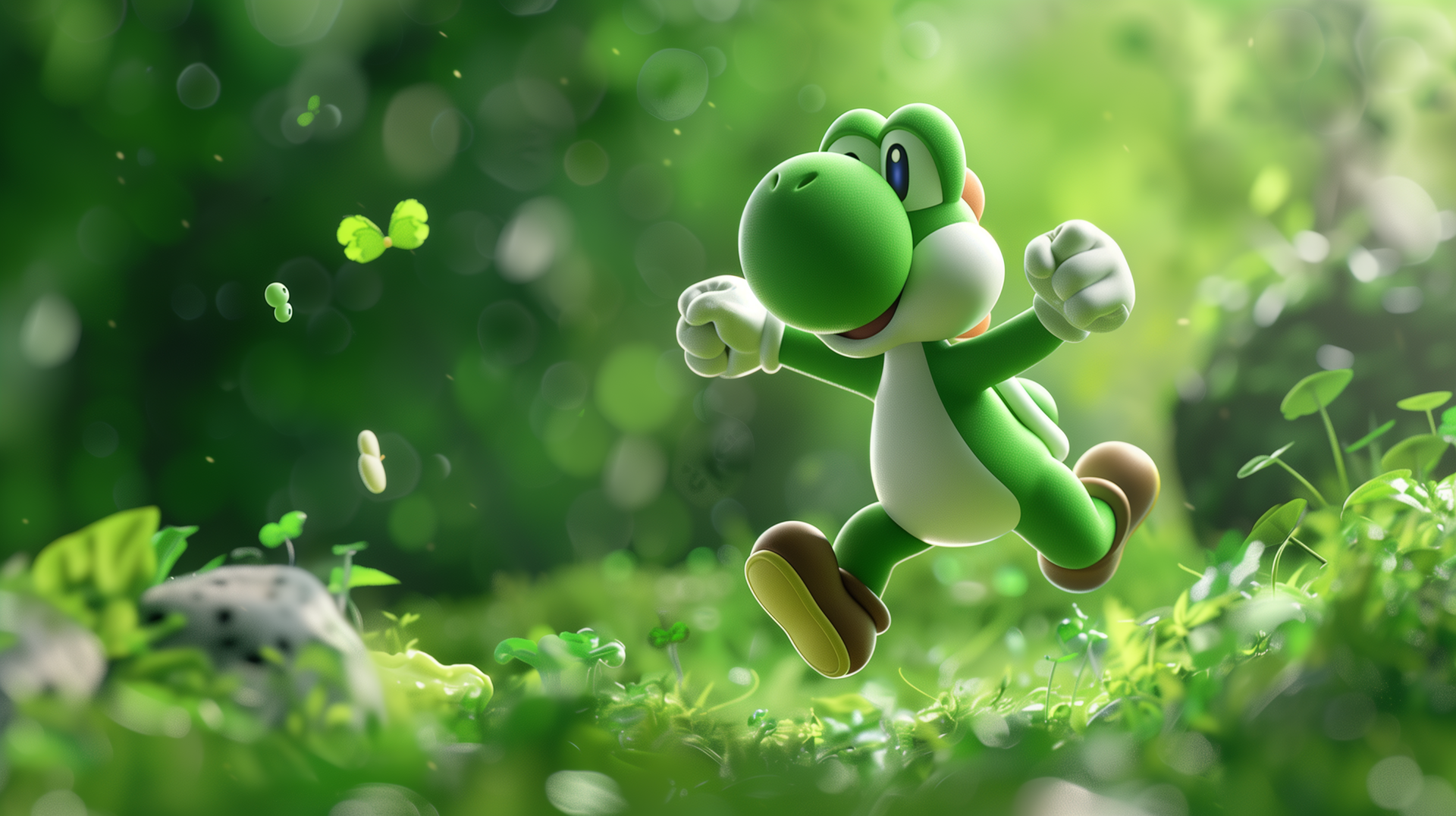 HD desktop wallpaper featuring Yoshi from a video game, running joyfully through a lush, green environment with detailed foliage in the background.