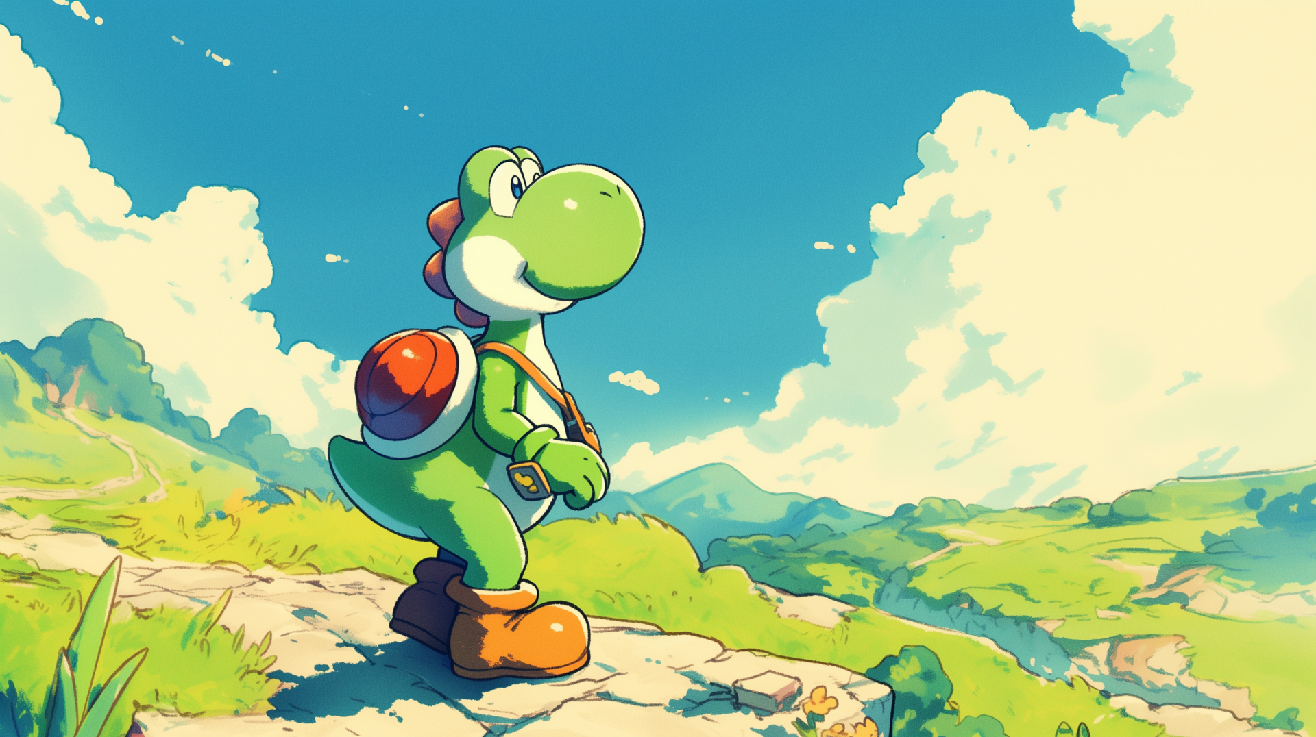HD desktop wallpaper featuring Yoshi standing on a rocky outcrop, overlooking a vibrant green landscape with a bright blue sky and scattered clouds.