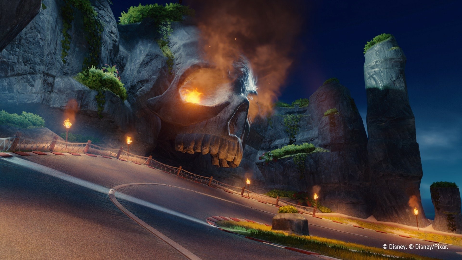 HD desktop wallpaper and background featuring a scene from the video game Disney Speedstorm, showcasing a fiery skull-shaped rock structure along a winding road.