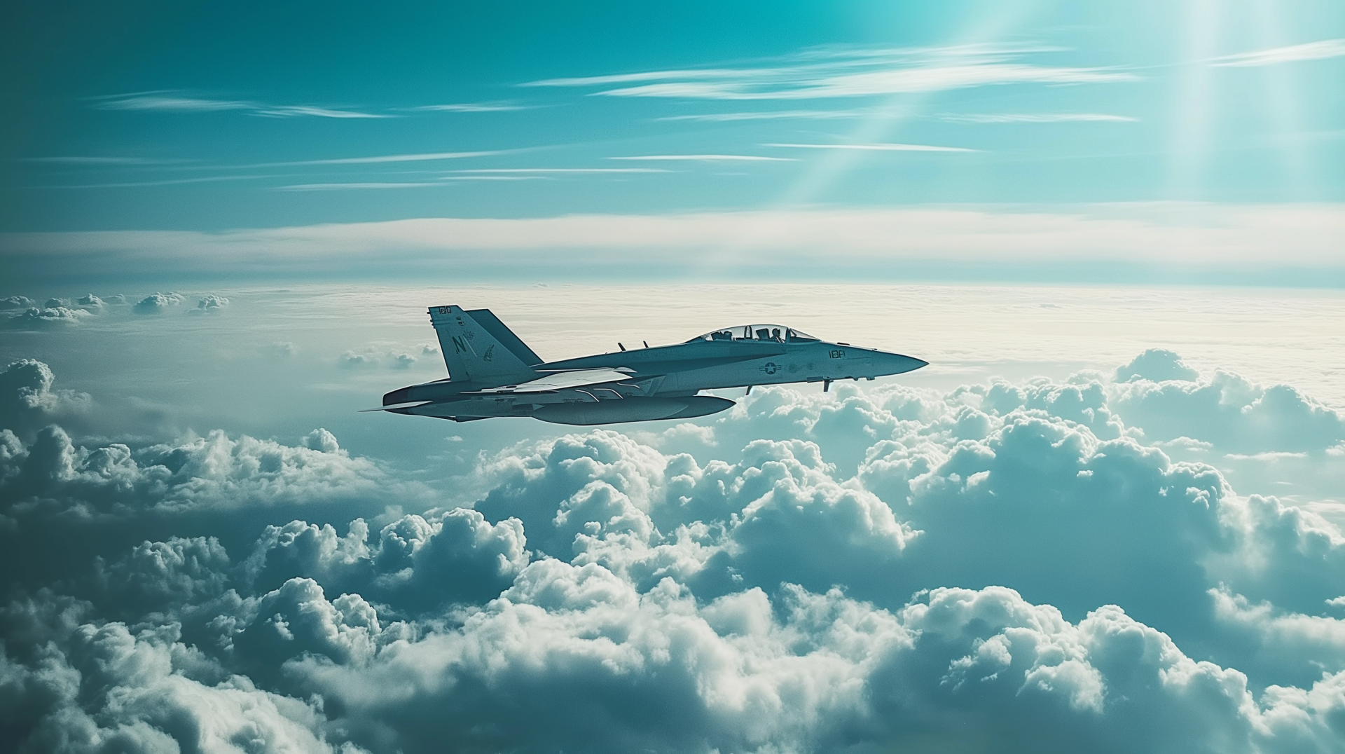 HD PC desktop wallpaper featuring an F-18 Hornet jet flying above a sea of clouds under a bright, blue sky.