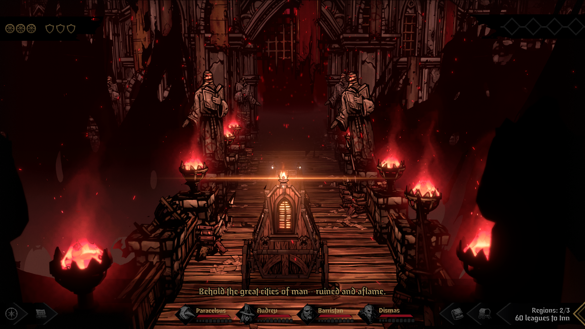 HD desktop wallpaper of Darkest Dungeon II with a dark, gothic ambiance featuring eerie statues, flickering red torches, and a foreboding pathway.