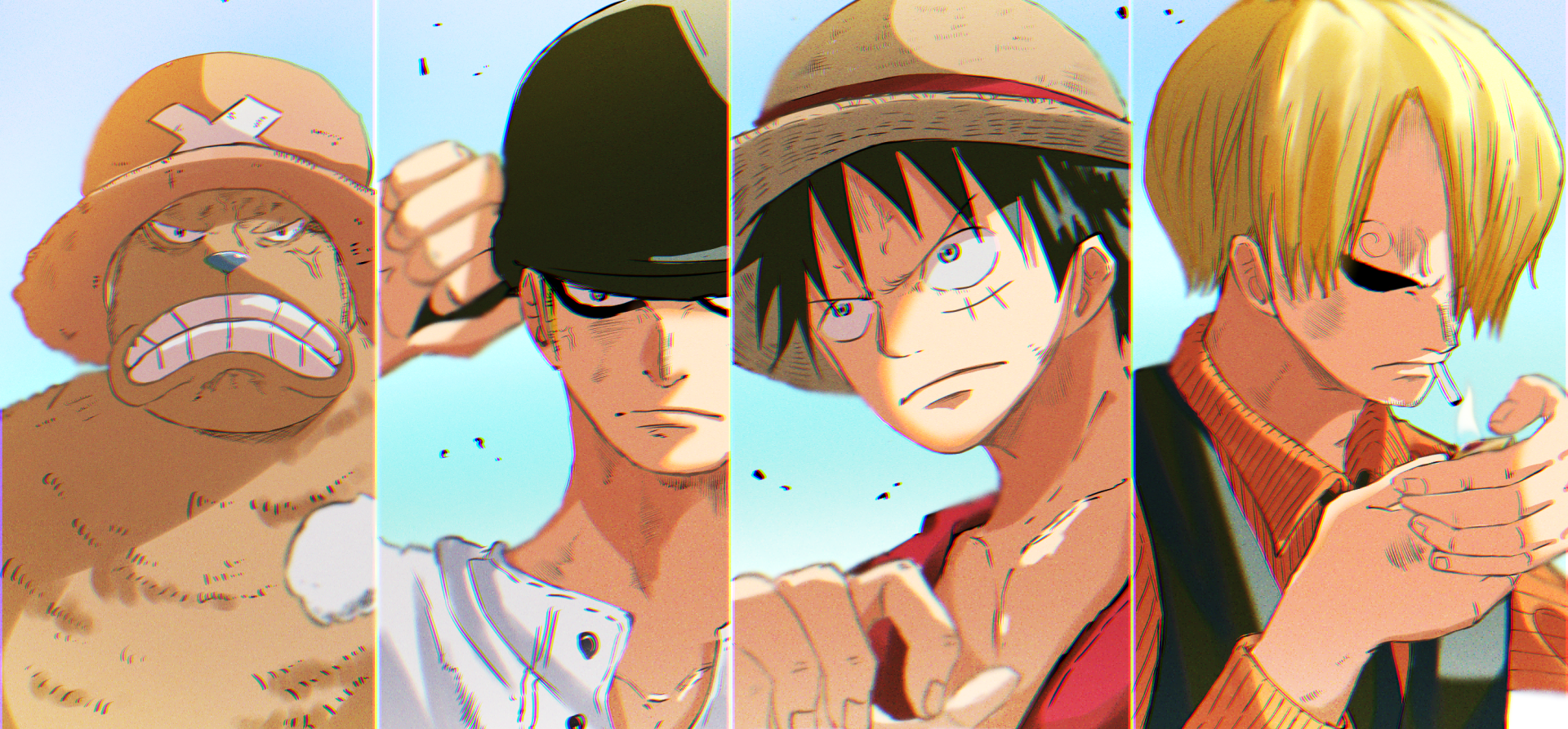 HD PC desktop wallpaper featuring key characters from the anime One Piece, showcasing their distinct expressions and iconic styles in vibrant detail.
