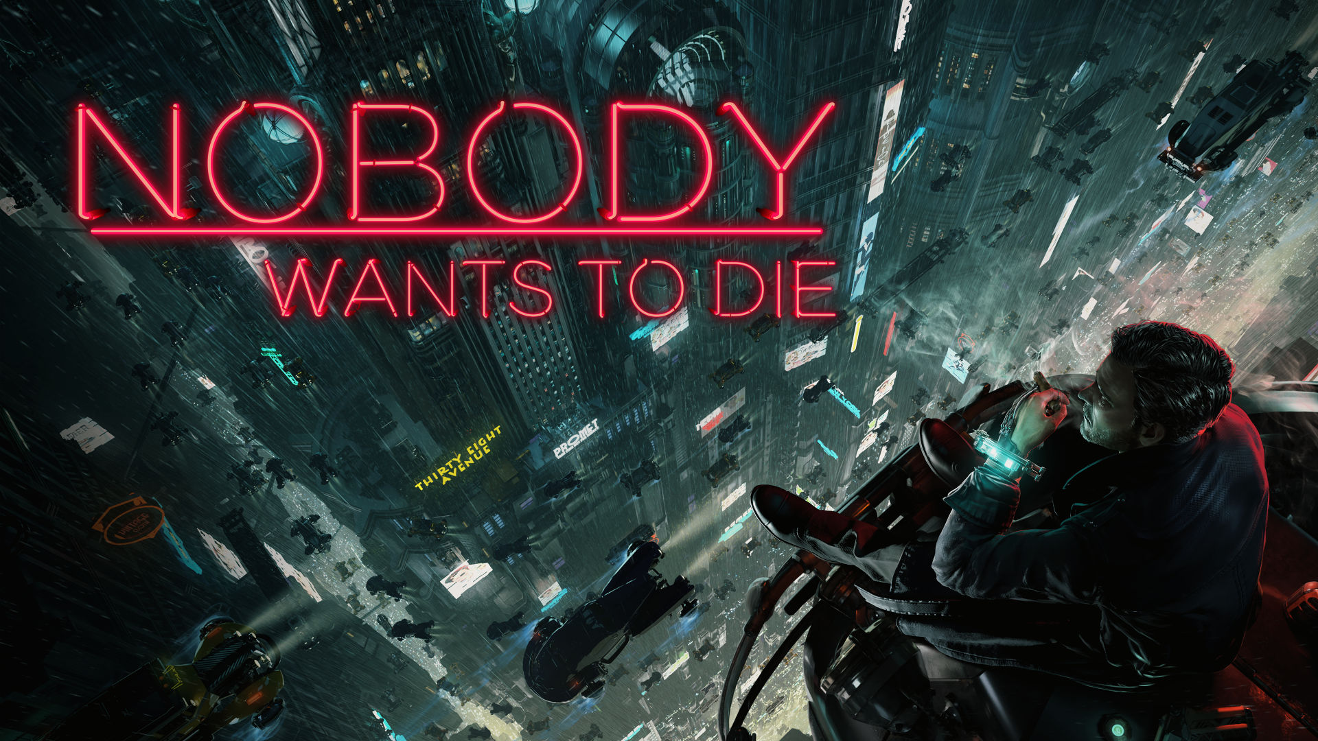 HD desktop wallpaper for the video game Nobody Wants to Die features a futuristic cityscape with neon elements and a character gazing out over the city from a high vantage point.