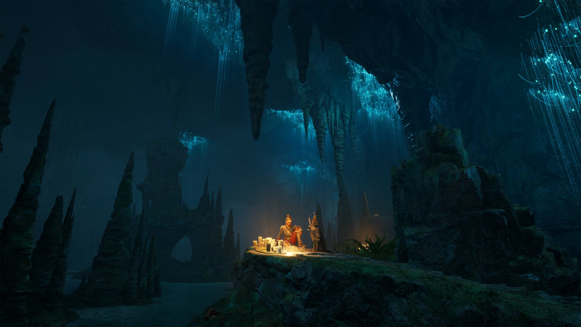 HD wallpaper of Flintlock: The Siege of Dawn video game, featuring a detailed, illuminated cavern with stalactites and adventurers gathered around a fire.