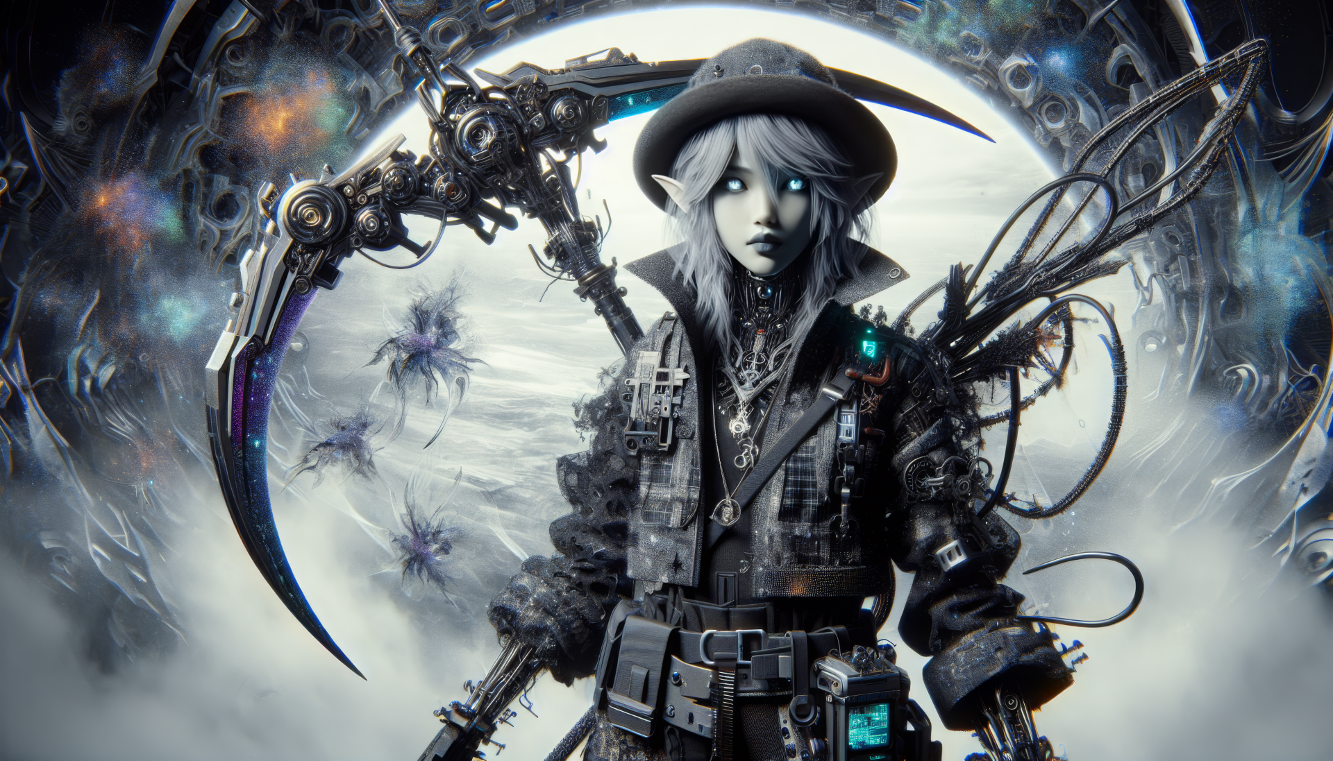 HD desktop wallpaper featuring a futuristic, cyberpunk warrior with a mechanical weapon, standing in front of a glowing portal, surrounded by floating drones.