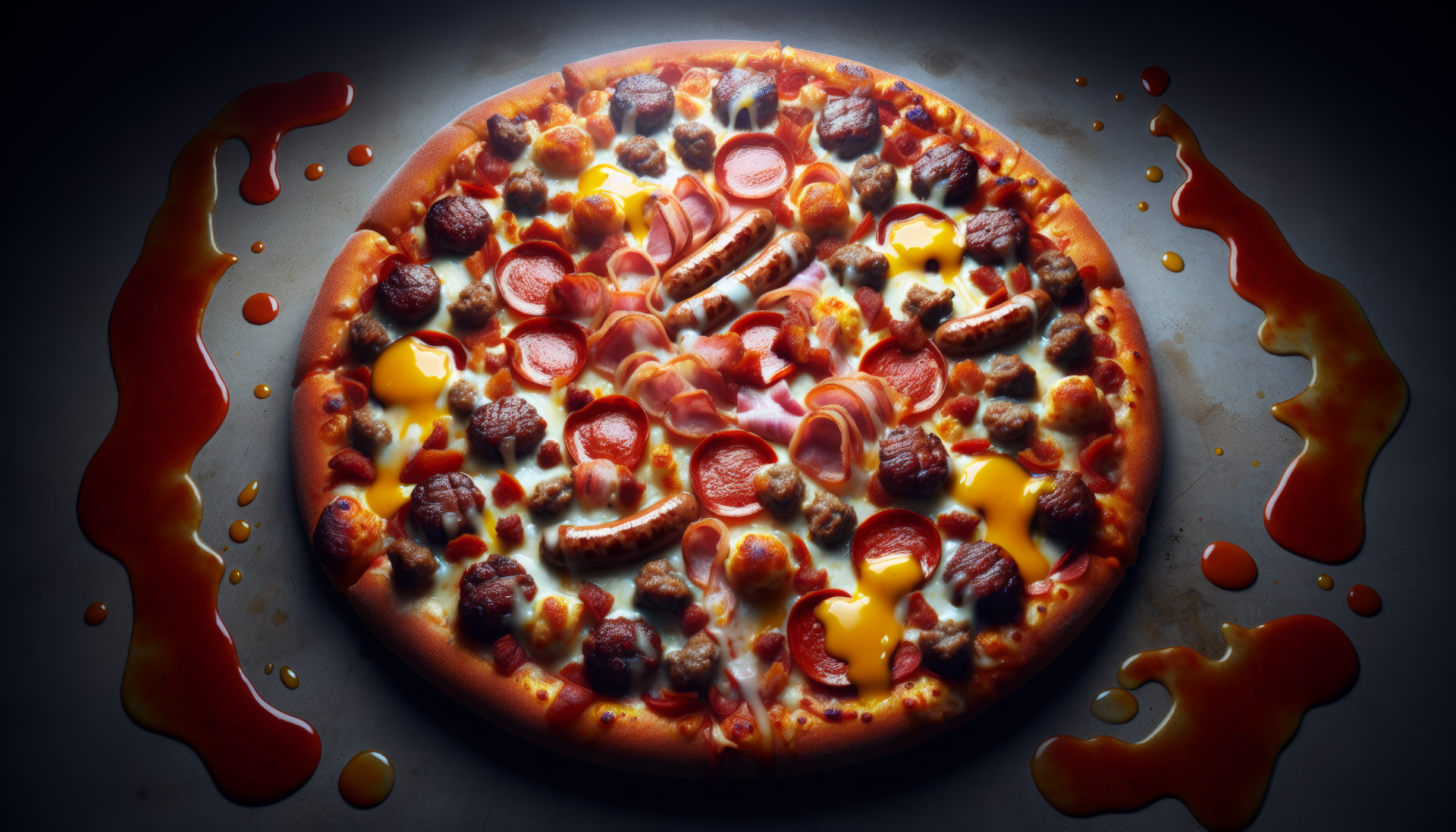 HD wallpaper of a mouth-watering meat lovers pizza loaded with pepperoni, sausage, and melted cheese, set against a dark background with splashes of sauce around the edges.