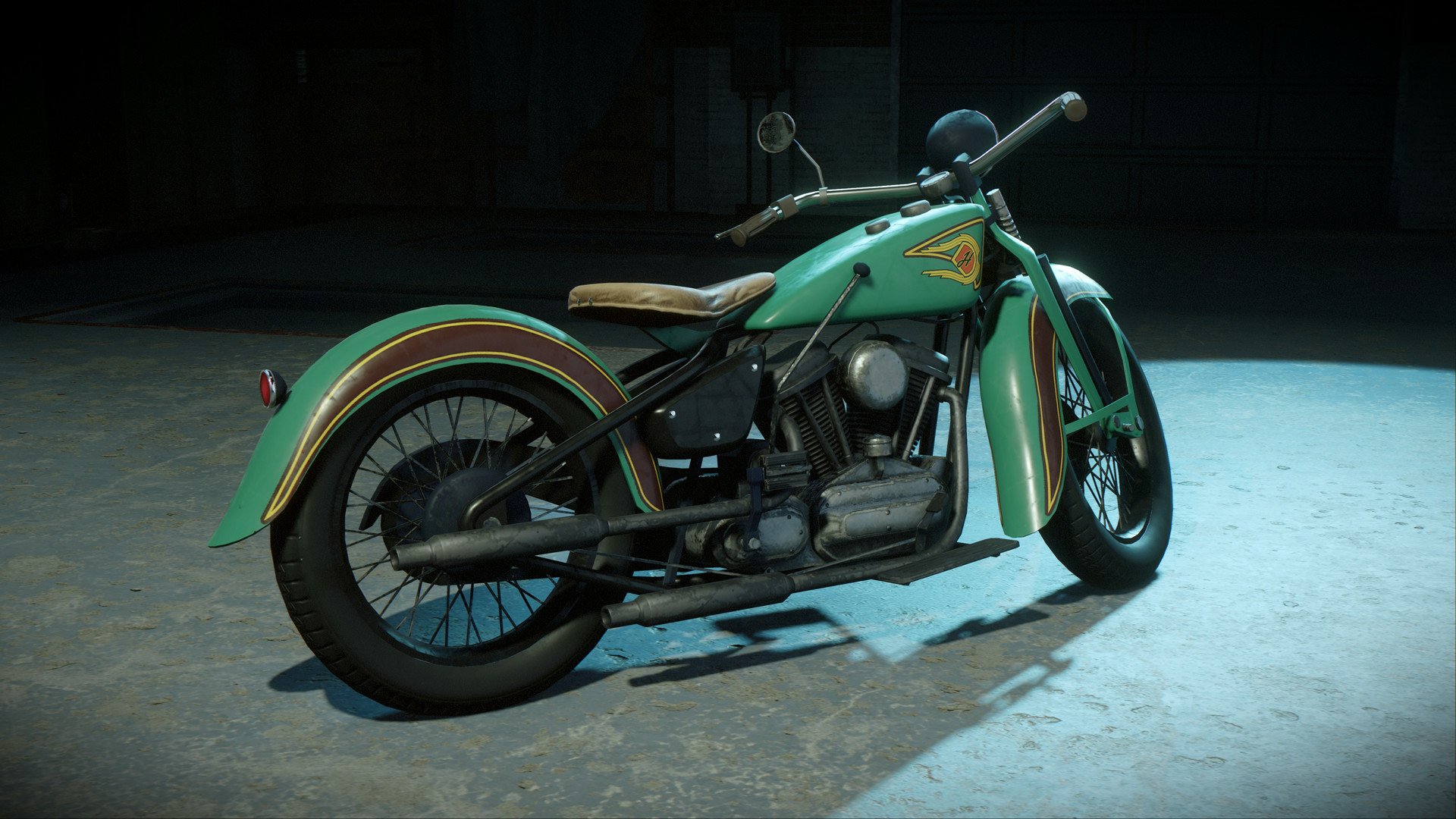 HD desktop wallpaper of a vintage motorcycle from Mafia: Definitive Edition, featuring detailed design and green bodywork.