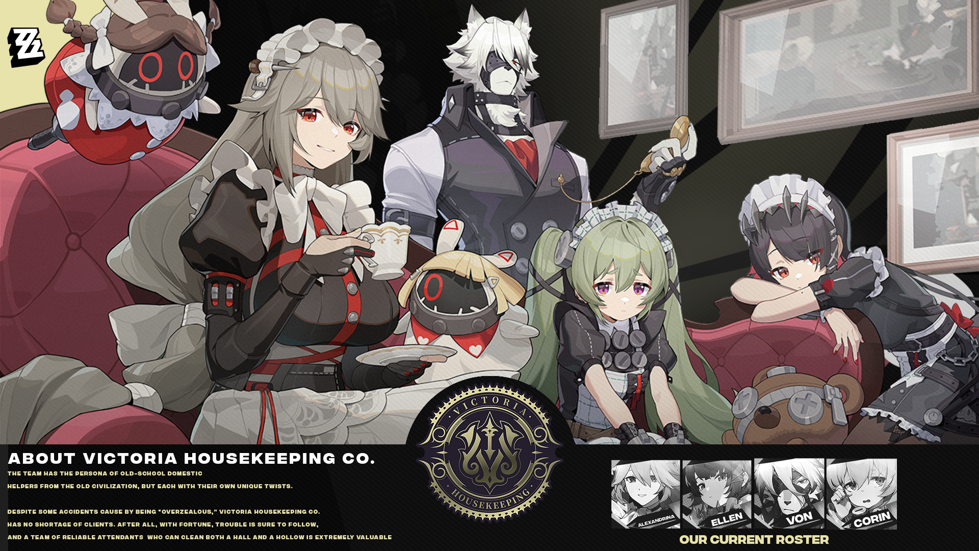 HD PC desktop wallpaper featuring characters from Zenless Zone Zero in a detailed, stylish scene with a dark, modern atmosphere and housekeeping theme.