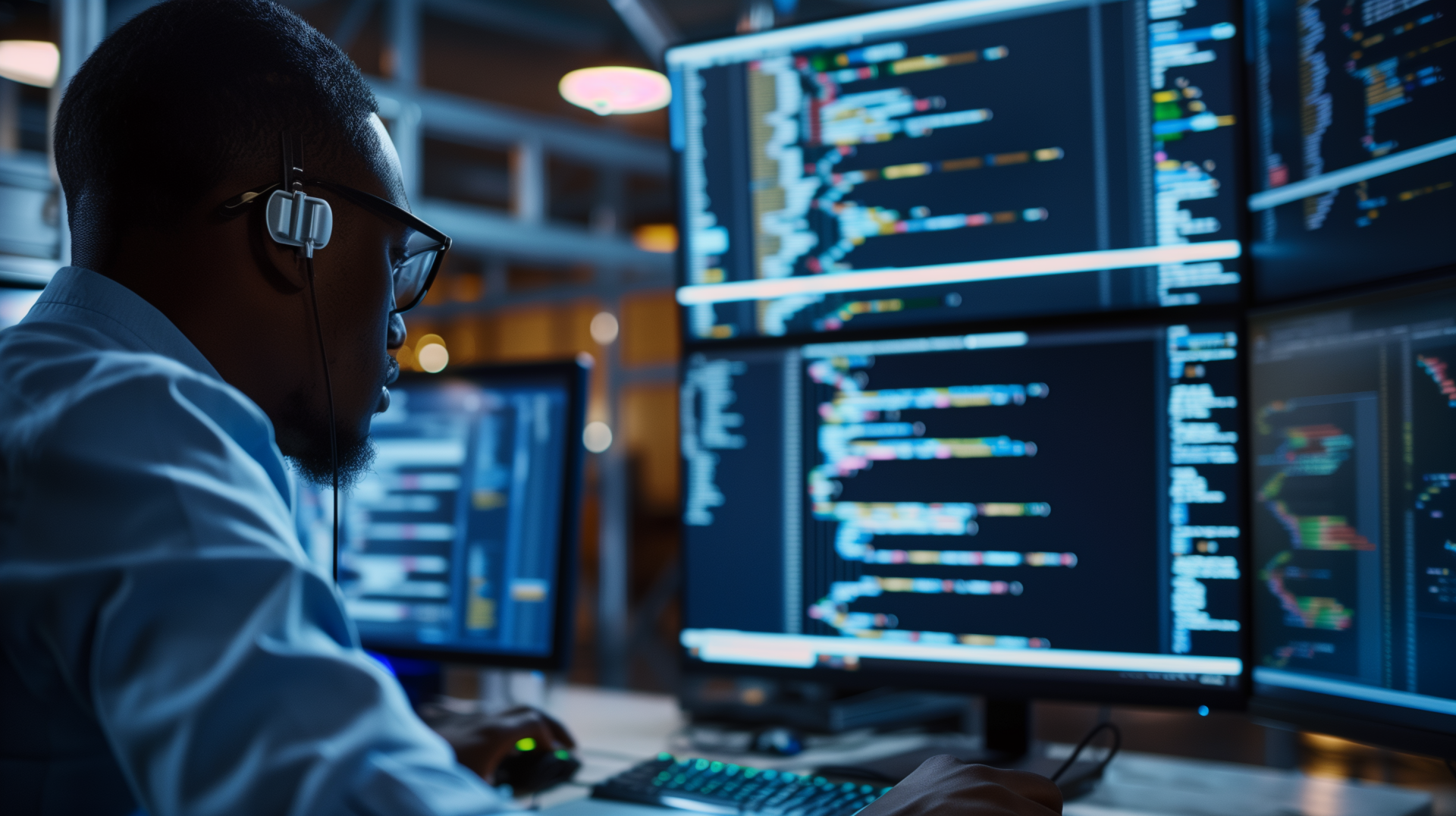 HD desktop wallpaper of a programmer working with multiple screens displaying colorful code, highlighting technology and coding in a modern workspace.