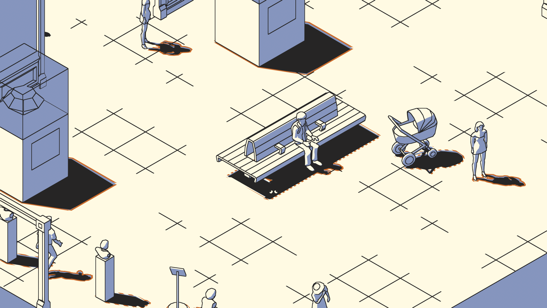 HD desktop wallpaper for the video game SCHiM, featuring an isometric view of a minimalist city scene with various characters and shadows against a clean, grid-like background.