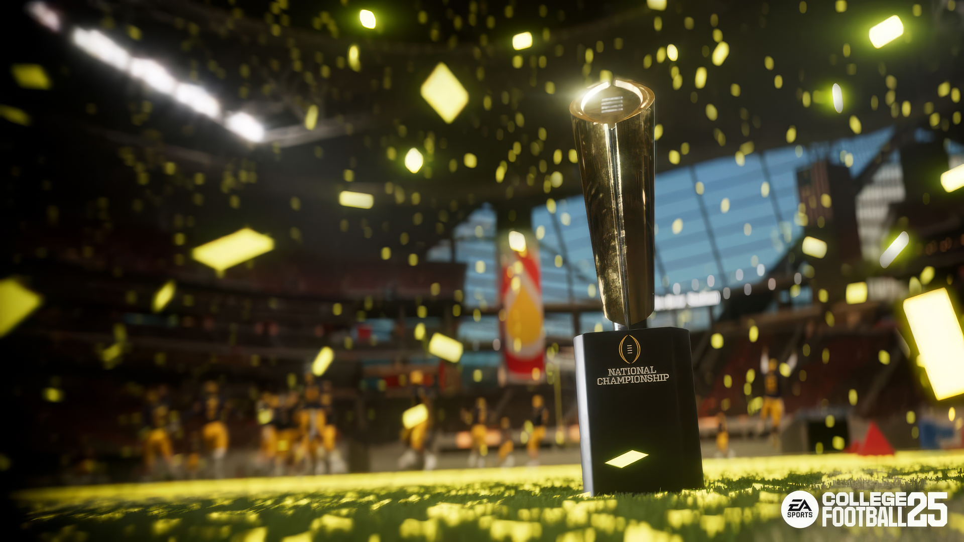 HD desktop wallpaper and background featuring the EA Sports College Football 25, showcasing a trophy with confetti falling in a stadium.