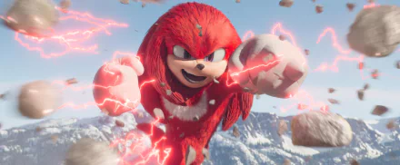 HD wallpaper featuring Knuckles the Echidna from a TV show, depicted with glowing fists, surrounded by energy effects, set against a snowy mountainous backdrop.