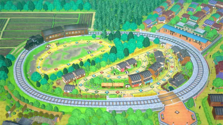 HD desktop wallpaper depicting a vibrant, colorful bird's-eye view of a village with train tracks and lush greenery from the video game Demon Slayer -Kimetsu no Yaiba- Sweep the Board!.