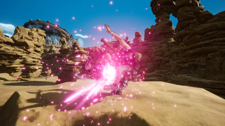 HD wallpaper from the video game Sand Land featuring a character engaged in combat with a bright energy blast effect amidst a desert canyon setting.