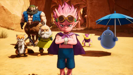 HD desktop wallpaper featuring characters from the video game Sand Land, with a group of stylized, animated characters standing in a desert environment.