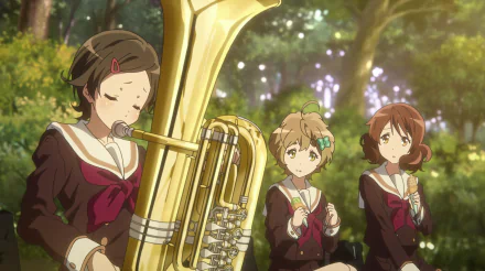 HD desktop wallpaper from Sound! Euphonium anime featuring three schoolgirls, one playing a euphonium in a sunlit park.