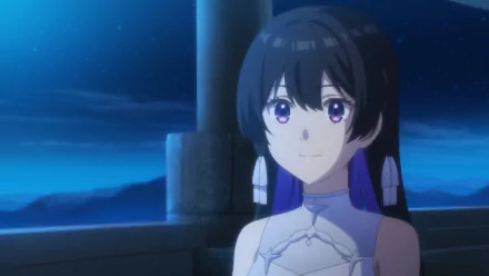 HD wallpaper of an anime character from Unnamed Memory, featuring a young woman with dark hair and purple eyes, standing against a night sky backdrop.