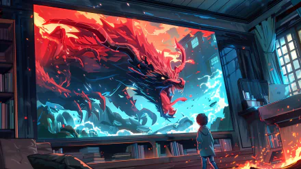 HD desktop wallpaper of a dramatic scene featuring a child watching a fiery, cool monster emerging from a television in a dimly lit room.