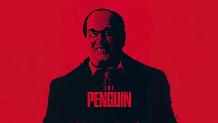 HD desktop wallpaper featuring a stylized image of a character referred to as The Penguin against a red background, from a TV show.