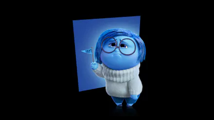 HD desktop wallpaper featuring Sadness from Inside Out 2, isolated against a dark background, evoking a thoughtful mood.