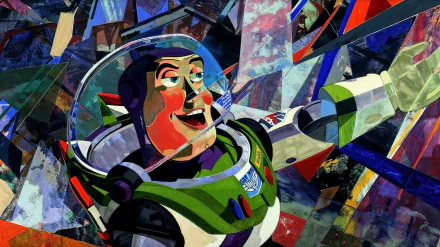 HD desktop wallpaper featuring Buzz Lightyear in action, set against a dynamic, abstract, colorful background.