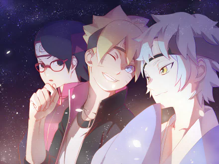HD anime desktop wallpaper featuring Boruto Uzumaki, Sarada Uchiha, and Mitsuki from Boruto, showcased under a starry night sky.
