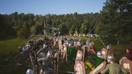 HD desktop wallpaper from the video game Manor Lords, featuring a medieval battle scene with soldiers in armor clashing in a forest.