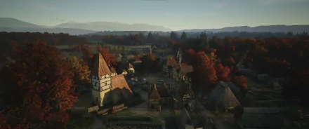 HD desktop wallpaper from the video game Manor Lords featuring an autumnal medieval village with rustic houses and towering trees.