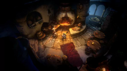 HD wallpaper from the video game No Rest for the Wicked, featuring a dimly lit tavern scene with characters gathered around a hearth.
